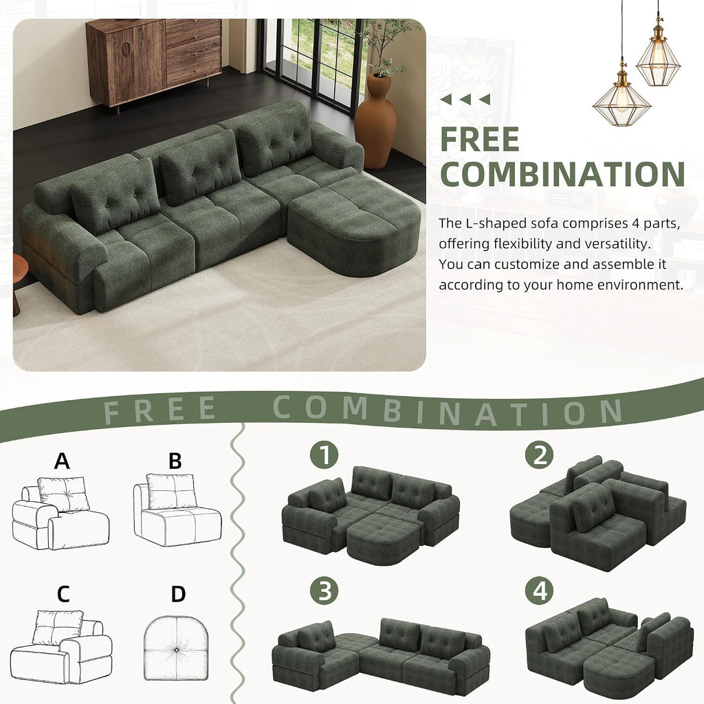 112' Compressed Boneless Sectional Sofa with Movable Ottoman Convertible L Shaped Modular Corner Couch for Living Room - Oversized Cloud Couches W/Tufted Cushions and Deep Seat