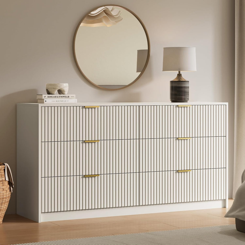 MAISONARIA 6 Drawer Dresser for Bedroom, 55' Wide Modern Chest of Drawers with Gold Metal Handles, Fluted Wood TV Stand for Living Room, Hallway(Beige)