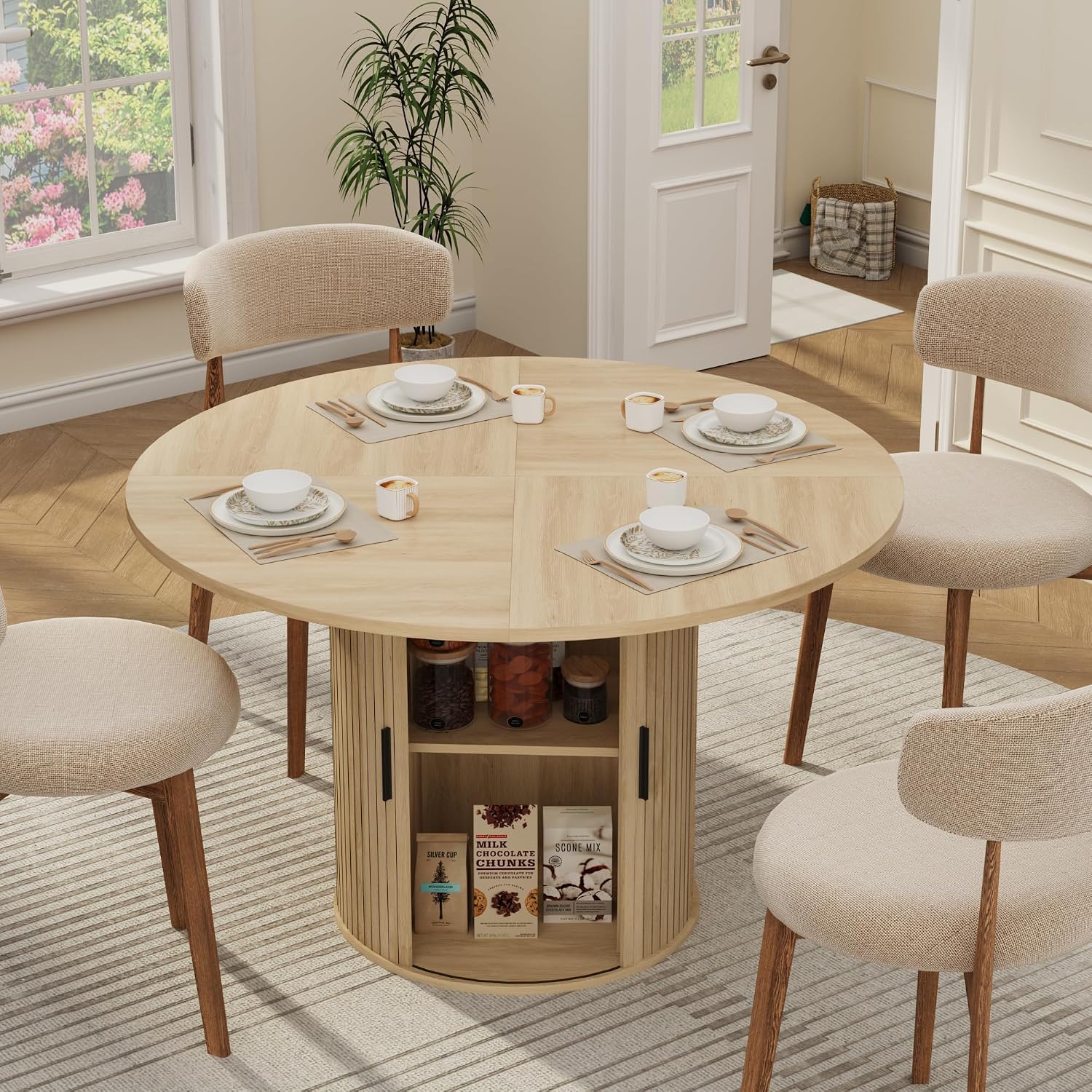 Garvee 47 Inch Round Dining Table for 4, Kitchen Table Dinner Table with 2-Layer Storage Shelf and Wood Slide Door for Home Dining Room Living Room