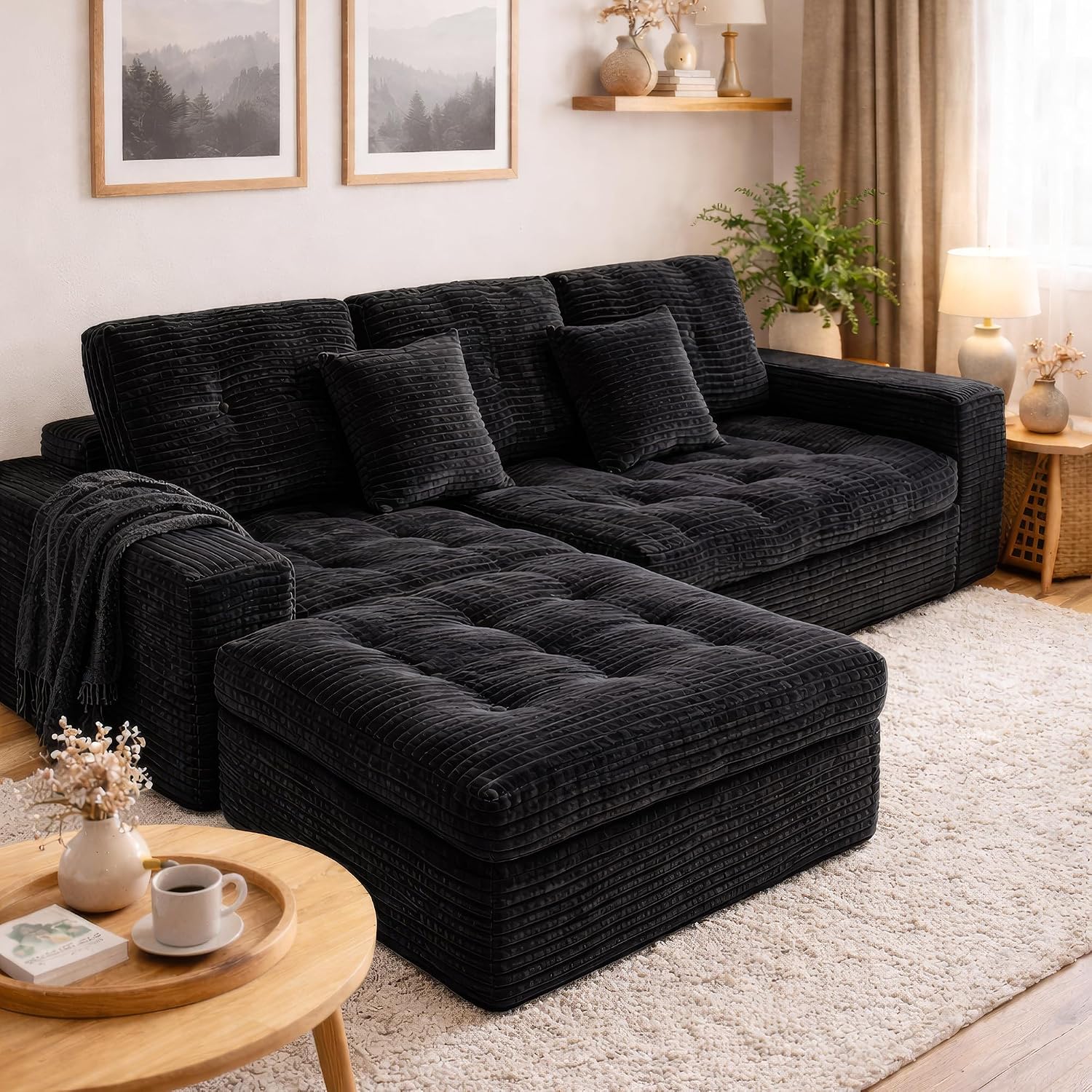 Eafurn 105' L-Shaped Boneless Modular Sectional Sofa with Movable Ottoman, Comfy Corduroy Floor Couch with Deep Seat and Tufted Seat, Flexible Module Combination for Living Room, No Assembly