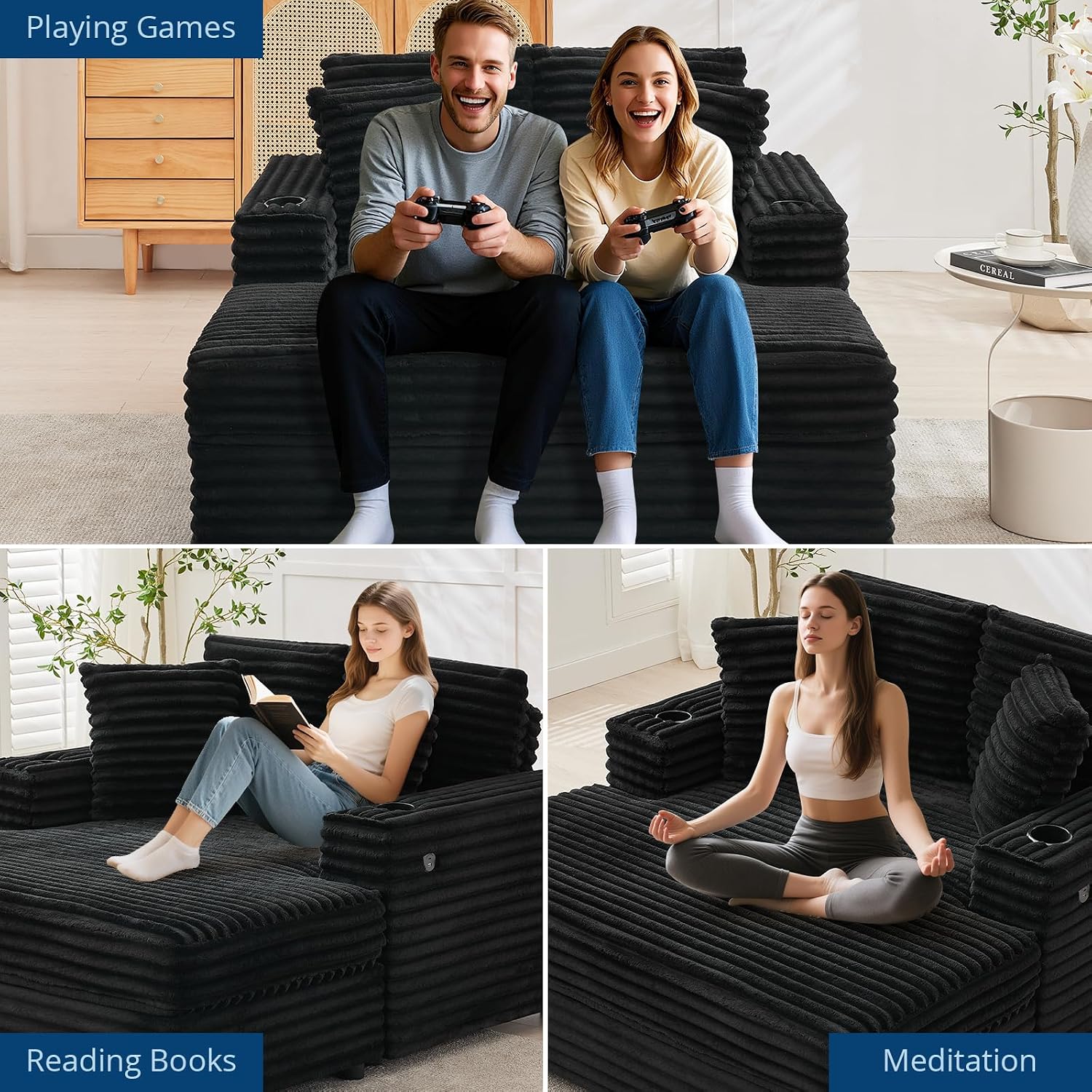 GarveeHome Oversized Chaise Lounge Chair Indoor, 56x60 in Comfortable Corduroy Lounge Sofa with Charging Ports & Cup Holders, Cozy Reading Couch for Bedroom Living Room Apartment, Black (Black)