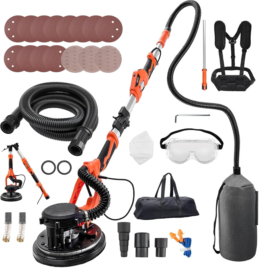 VEVOR Drywall Sander, 1150W Electric Drywall Sander, Popcorn Ceiling Removal Tool with Vacuum Dust Collection, 5 Variable Speed 800-1700 RPM, LED Light, Foldable & Extendable Handle, 15 Sanding Discs