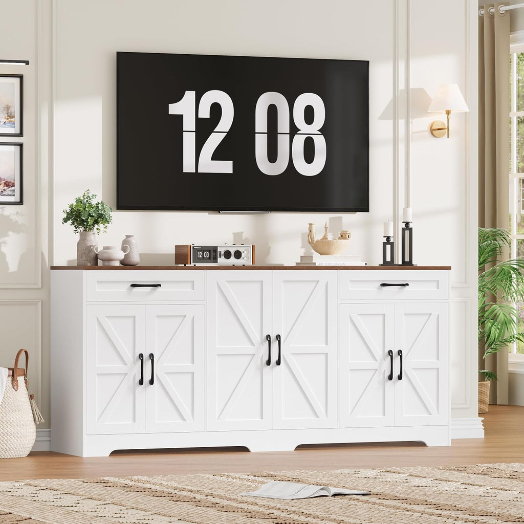 BOTLOG 71' Large Sideboard Buffet Cabinet with Storage, Farmhouse Kitchen Buffet Cabinet with Adjustable Shelves and 6 Barn Doors, Wood Coffee Wine Bar Console Table for Kitchen, Dining Room, White