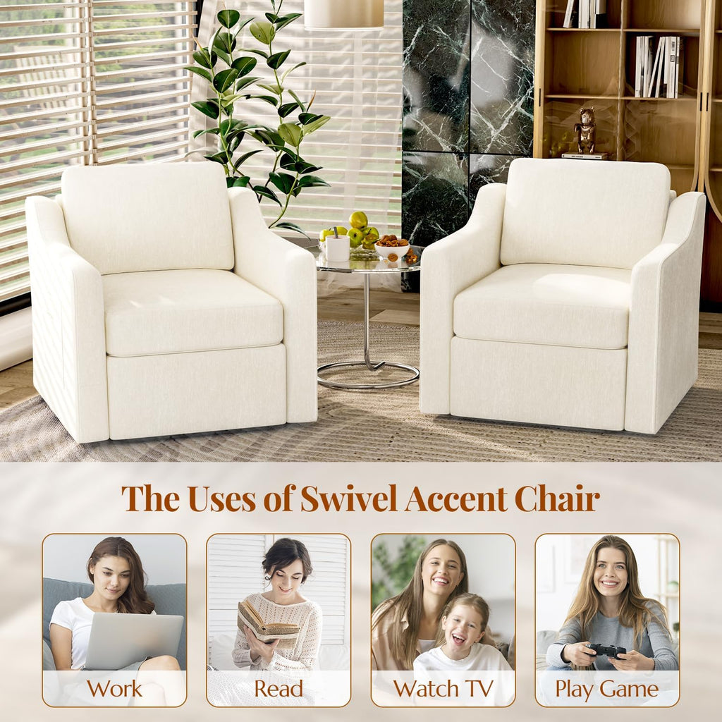 360° Swivel Accent Chair, Large Comfy Reading Chair, Square Single-Seat Armchair Upholstered Sofa for Reading, Nursery, Living Room, Bedroom, Lounge, Hotel, Beige