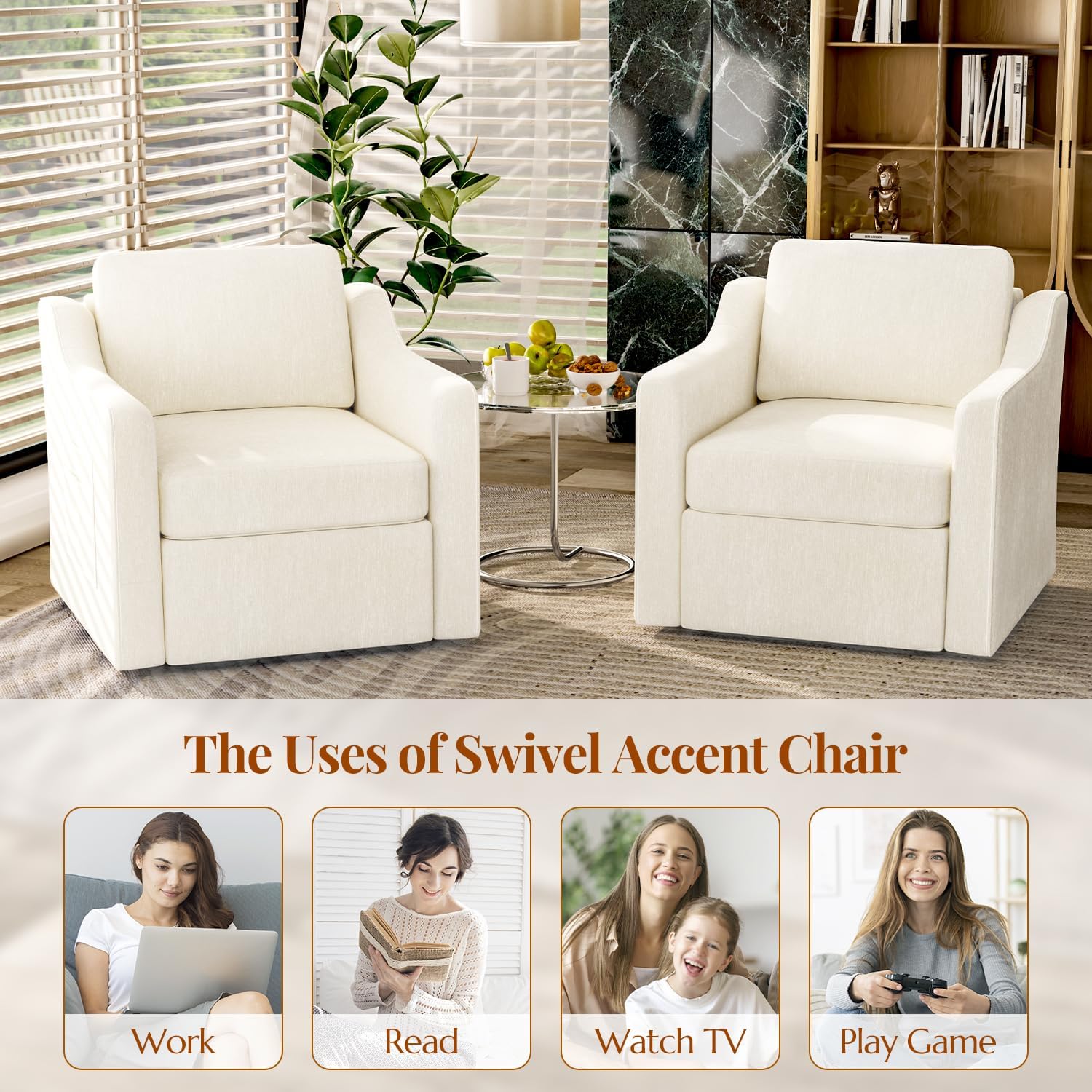 360° Swivel Accent Chair Set of 2, Large Comfy Reading Chairs, Square Single-Seat Armchair Upholstered Sofa for Reading, Nursery, Living Room, Bedroom, Lounge, Hotel, Beige