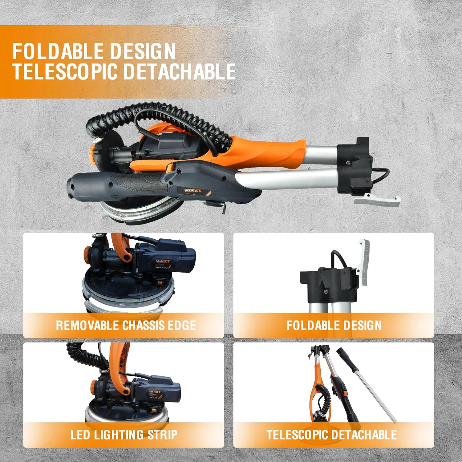 MAXXT Drywall Sander with Vacuum Dust Collection, 6 Variable Speed Foldable Telescopic Electric Wall Sander, Popcorn Ceiling Removal Tool, 1900RPM Power Sander Tool, LED Light, 18Pcs Sanding Discs