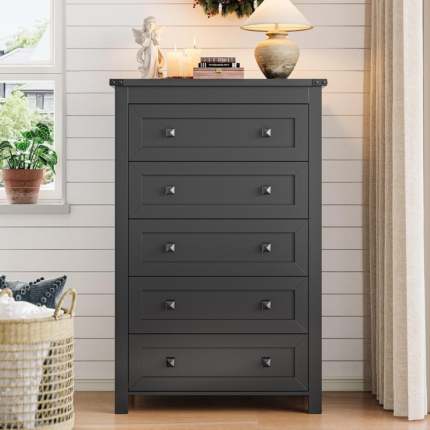 Xixini Dresser for Bedroom with 5 Drawers, Tall Wood Chest of Drawers, Modern Farmhouse Closet Clothes Organizer, Storage Tower Cabinet with Metal Handles for Hallway, Living Room, Entryway, Black