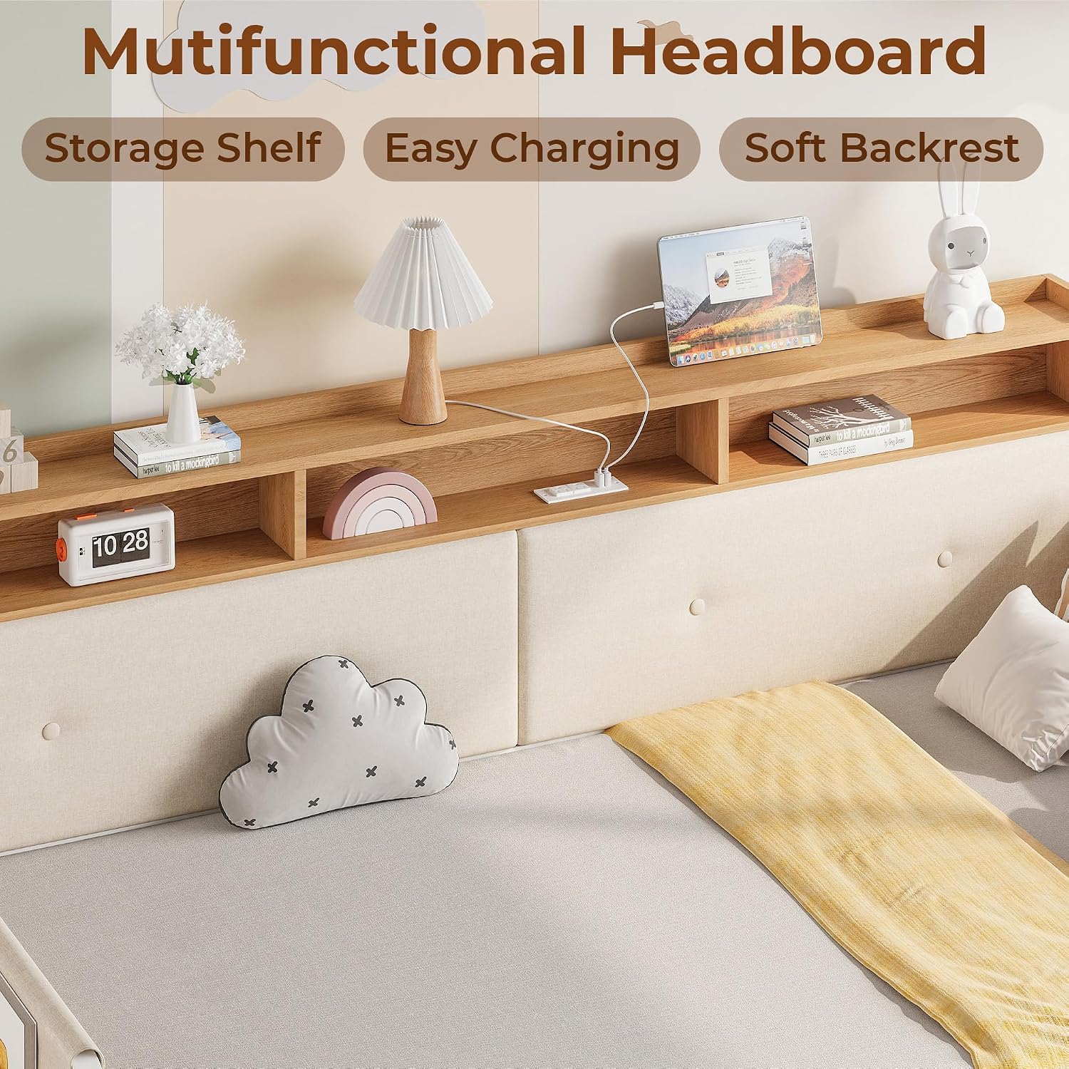 LIKIMIO Twin Daybed with Storage,Upholstered Headboard and Charging Station,White