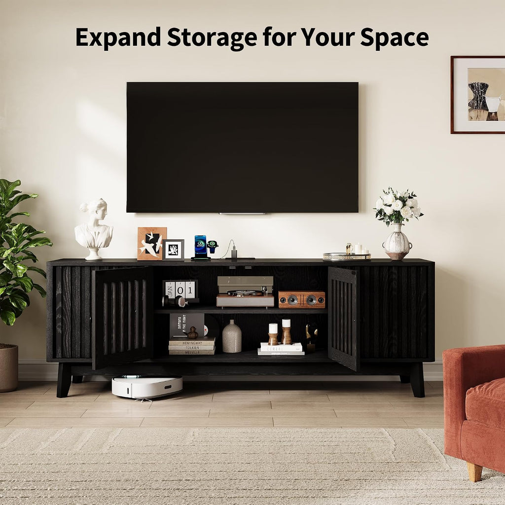 GarveeHome Mid Century Modern TV Stand, 63'' TV Stands for Living Room with Power Output and Adjustable Shelves, Entertainment Center with Storage and 4 Grille Doors, Wooden TV Console, Black