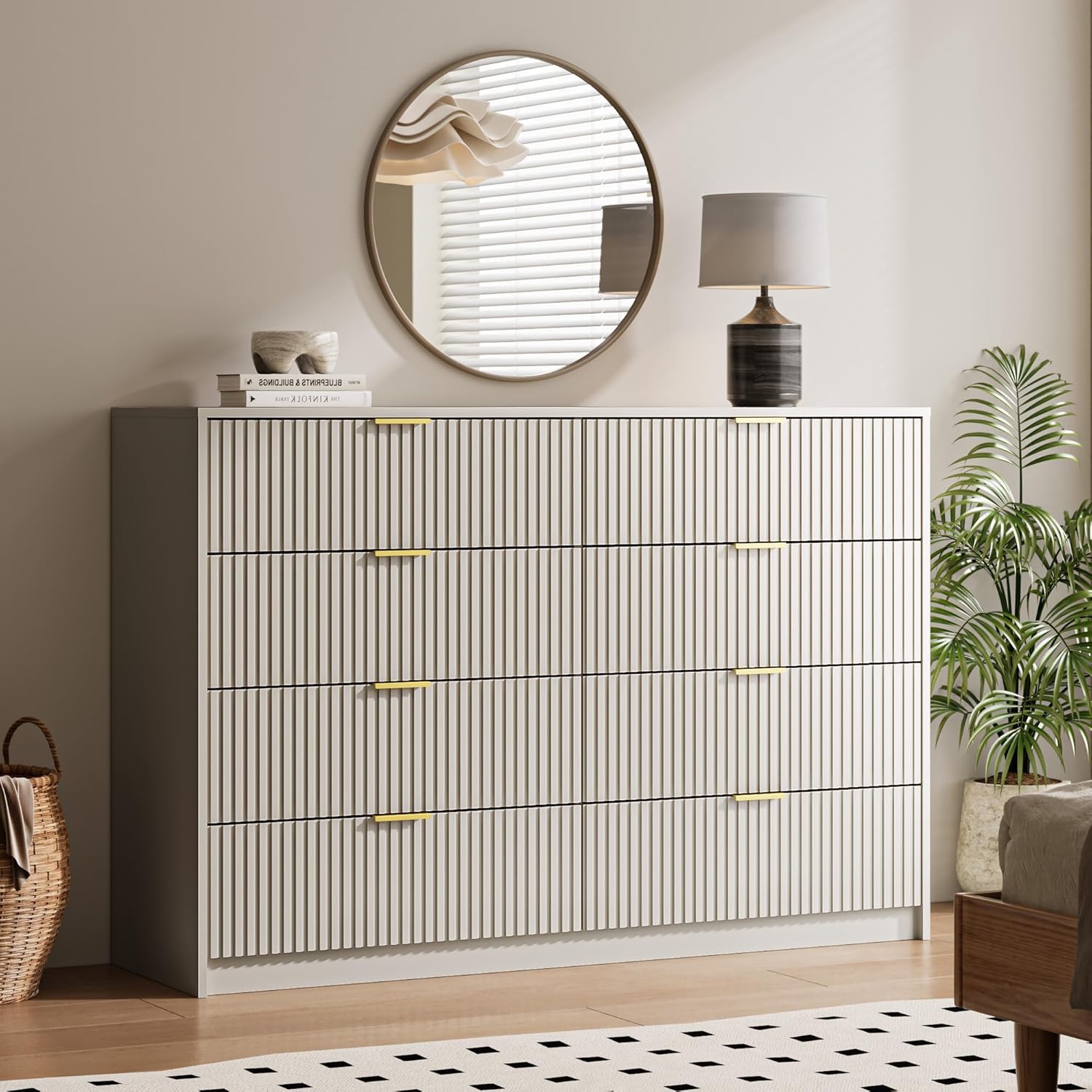 MAISONARIA Beige Dresser for Bedroom, 8 Drawer Double Dresser, Modern Chest of Drawers for Bedroom, Living Room, Entryway and Closet, 55' L x 15.7' D x 37.4' H