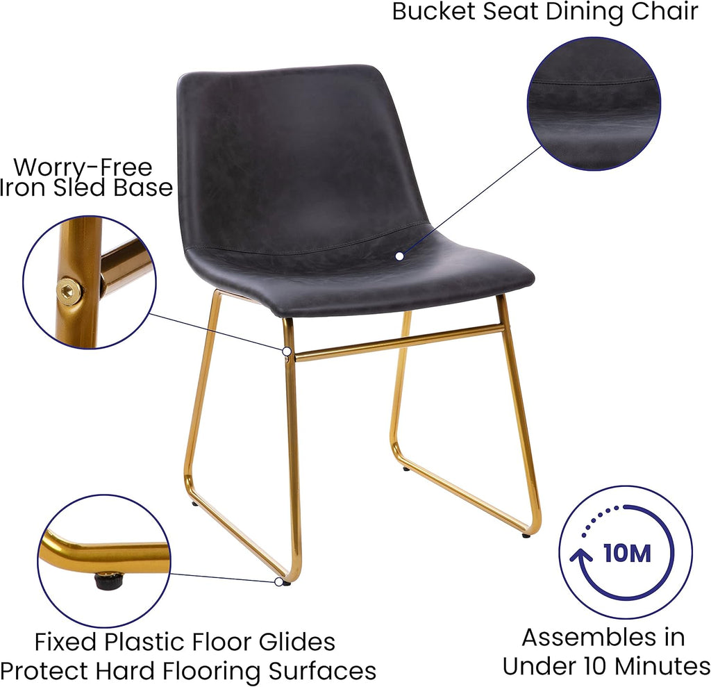 Flash Furniture Butler 18' LeatherSoft Dining Table Height Chairs, Mid-Century Modern Bucket Style Dining Chairs, Set of 2, Dark Gray/Gold