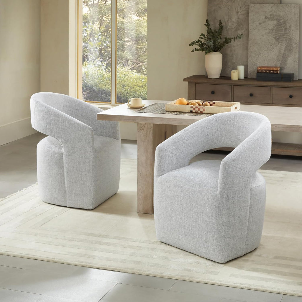 KISLOT Upholstered Dining Chairs with Casters, No Assembly Modern Barrel Armchair with Rollers for Dining Room, Bedroom, Living Room, Reading Room, Home Office, Set of 2, Light Grey