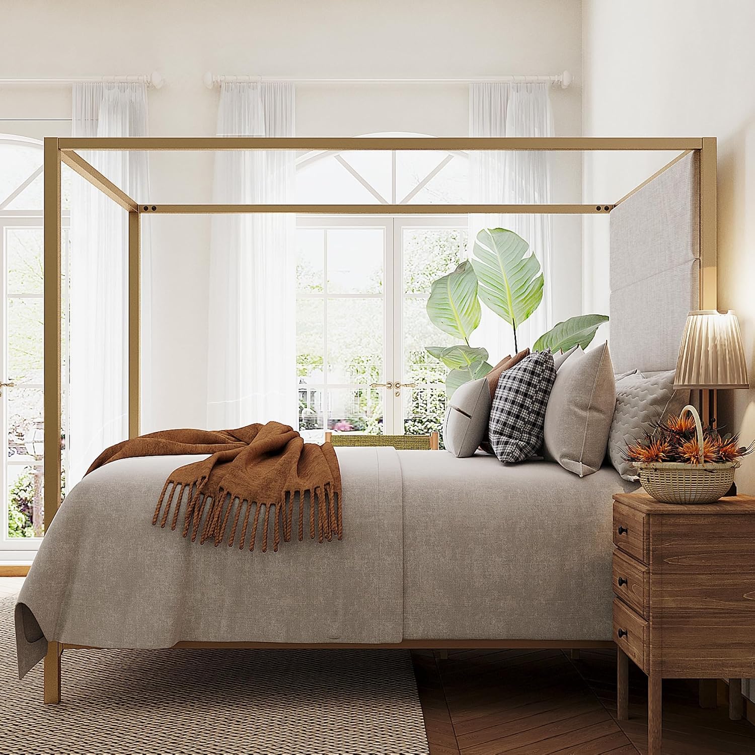 Merax King Size Gold Metal Canopy Bed Frame, Modern Upholstered Linen Headboard with Tall Back Support, 800 lbs Weight Capacity, Luxurious 4-Poster Bedroom Furniture for Modern Home, Gold+Tan