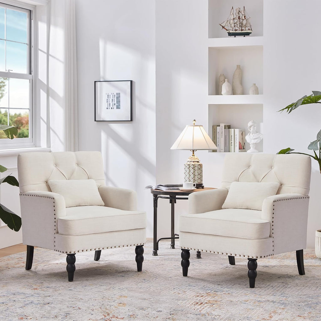HUIMO Tufted Club Chair Set of 2 with Lumbar Pillow,Accent Chair Upholstered Button Armchair, Linen Fabric Sofa Chairs for Bedroom, Living Room, Mid Century Modern Reading Chair,Beige