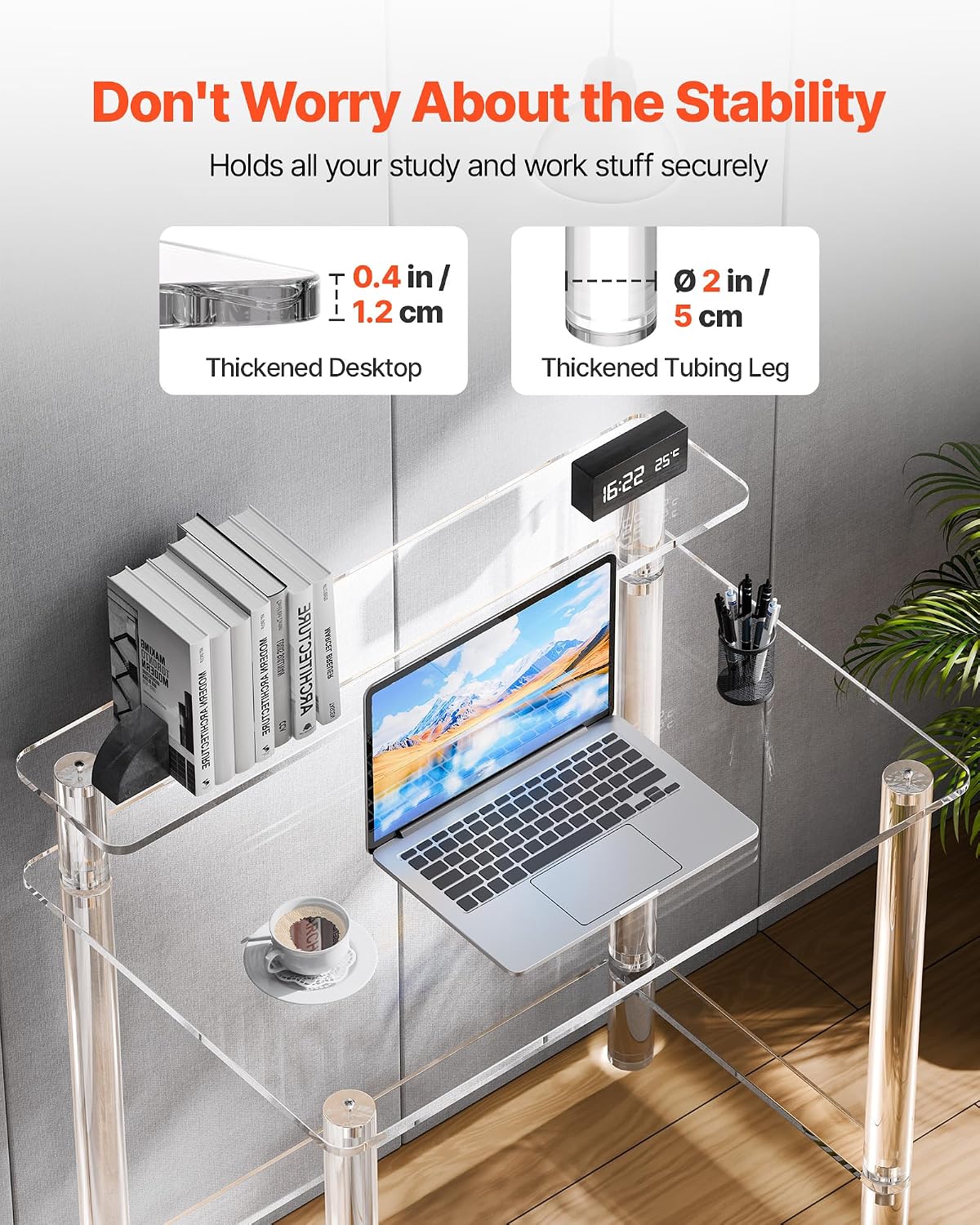 VEVOR Acrylic Desk with Monitor Stand, 2-Tier Clear Table Study Writing Desk, Modern Computer Desk for Home Office, Study, Bedroom Vanity, Living Room, 31.5' W x 19.7'' D x 34.7' H