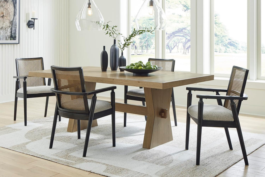Signature Design by Ashley Galliden Farmhouse Dining Table with Extra-Thick Tabletop and Trestle Base, Light Brown