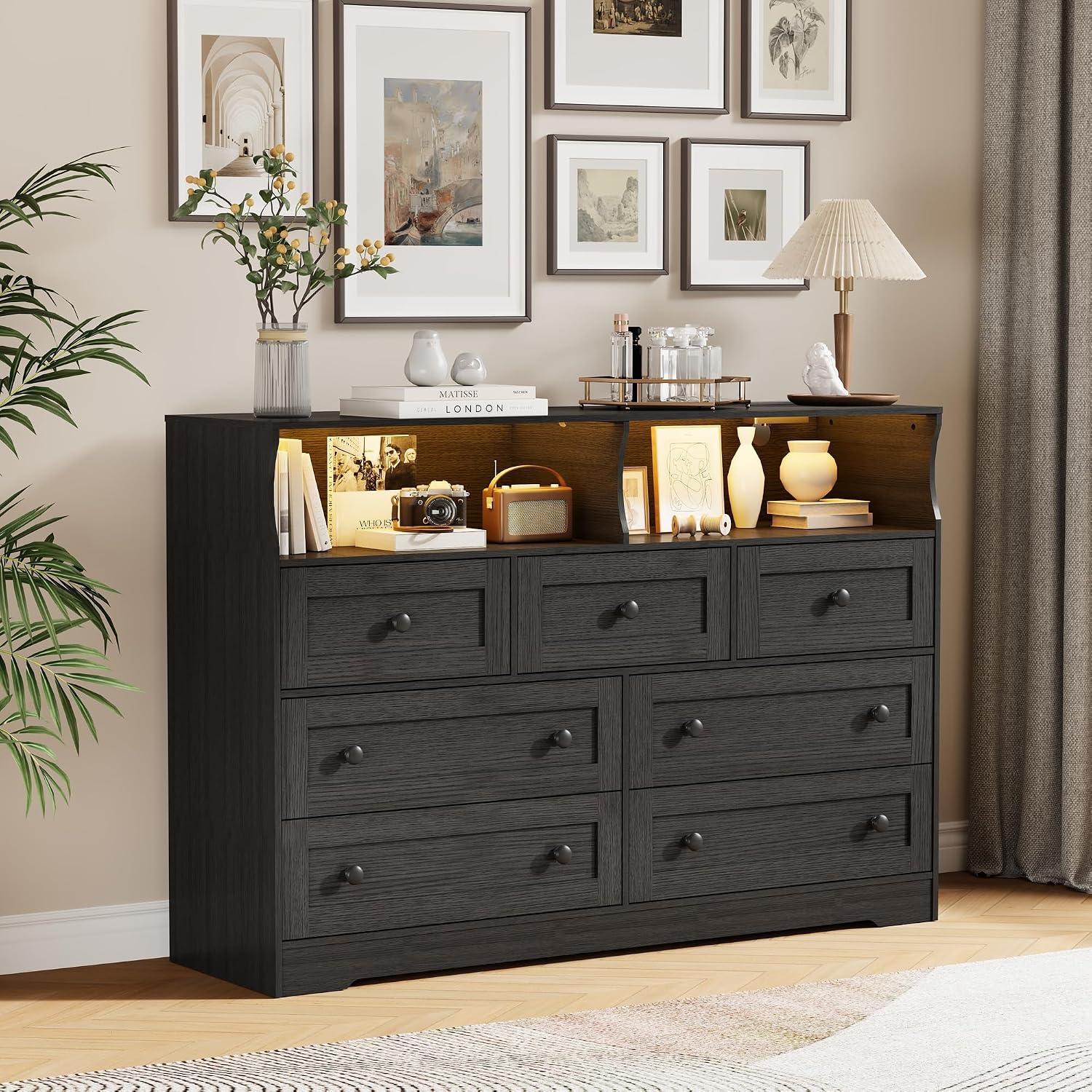 IDEALHOUSE Dresser for Bedroom with 7 Drawers, LED Lights & Charging Station, Wooden Chest with 2 Open Compartments, Freestanding Storage Organizer for Closet, Nursery, Entryway, Black
