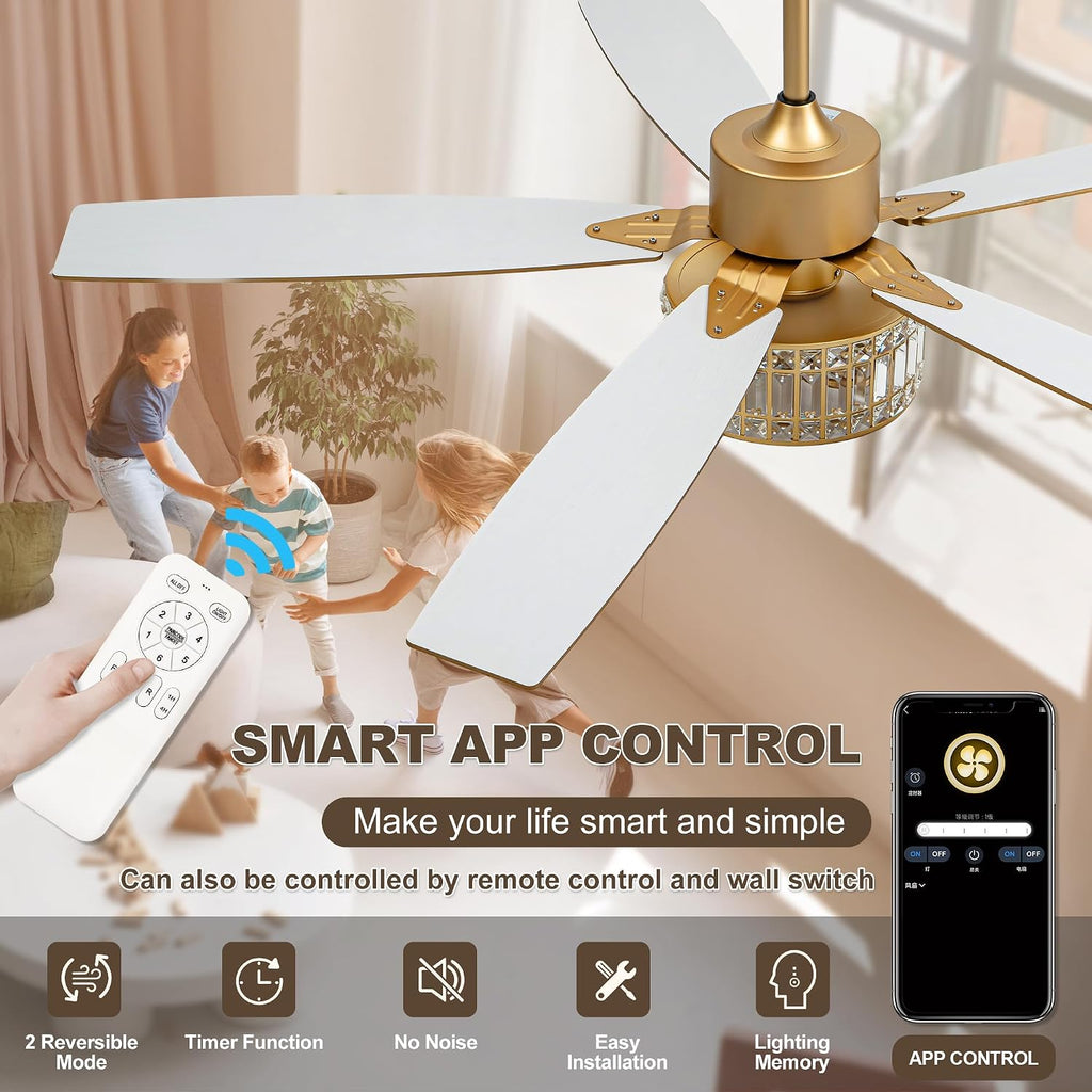 Chandelier Ceiling Fans with Lights and Remote,Caged Ceiling Fan with Light,App 5 Blades E26 Fandelier Ceiling Fans with Lights,Crystal Ceiling Fan for Bedroom,Living Room. (Gold, 52 Inch)