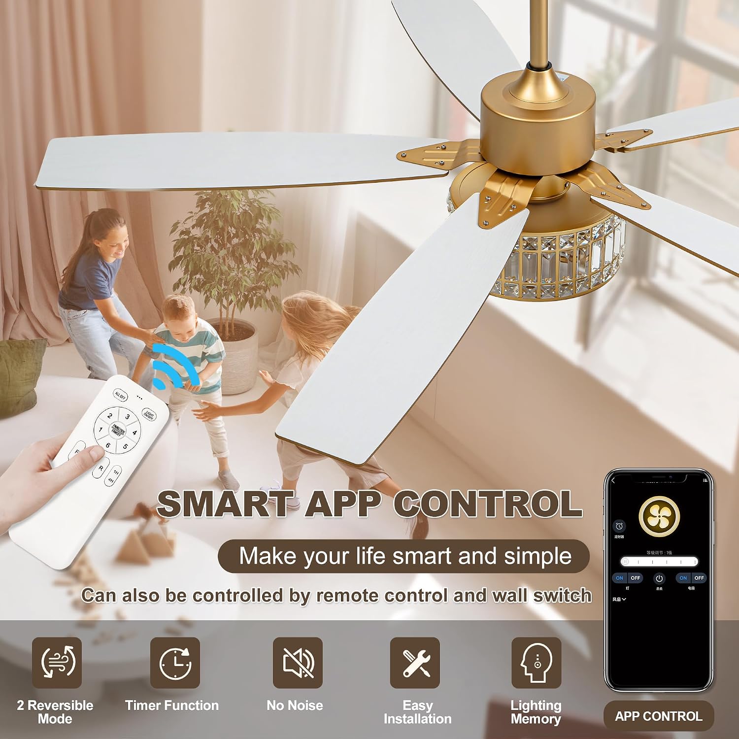 Chandelier Ceiling Fans with Lights and Remote,Caged Ceiling Fan with Light,App 5 Blades E26 Fandelier Ceiling Fans with Lights,Crystal Ceiling Fan for Bedroom,Living Room. (Gold, 52 Inch)