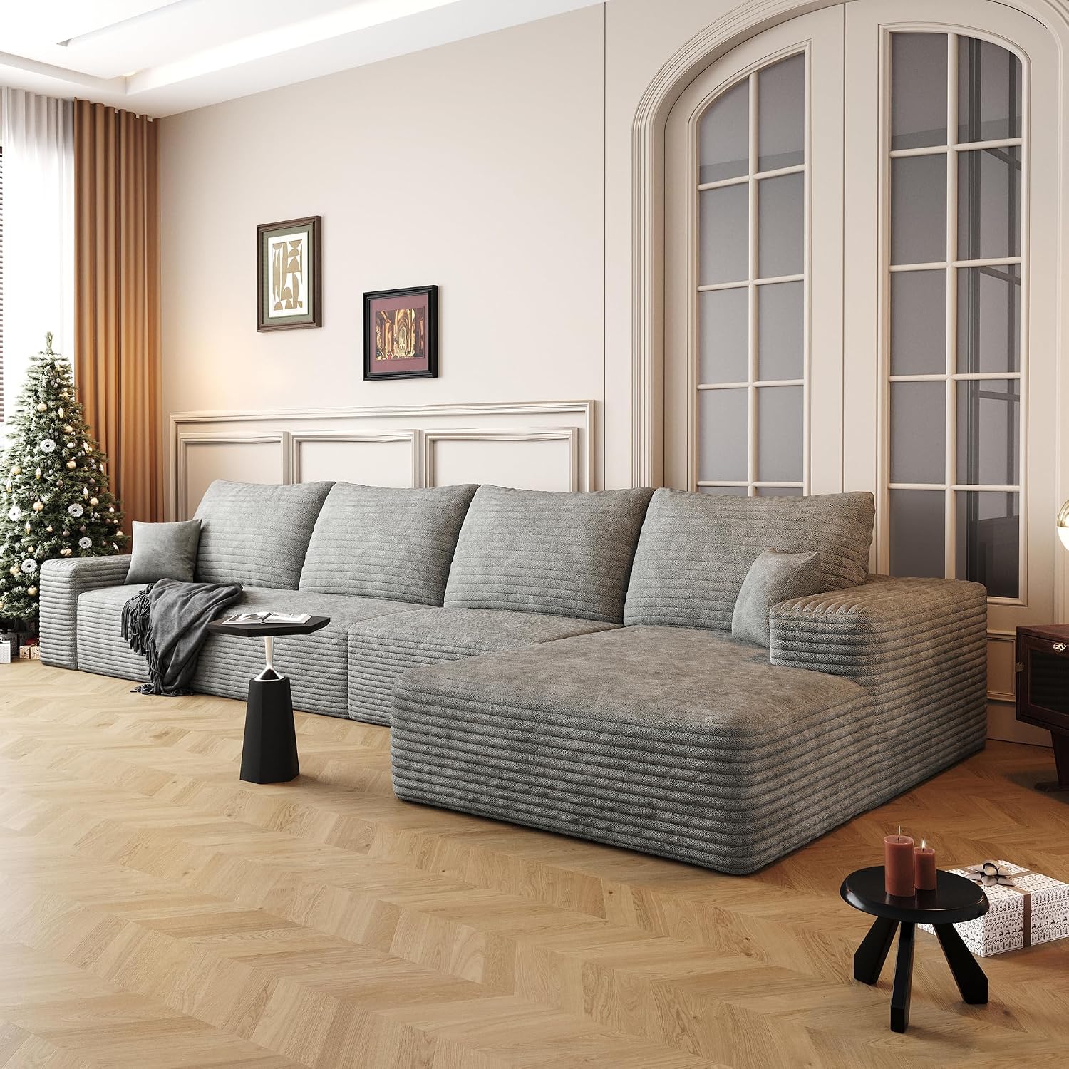 Eafurn 135' Oversized Right Facing Boneless Modular Sectional Sofa Couch with Chaise Lounge, 33D High-Density Foam Compressed Floor Couch with Deep Seat and Throw Pillows