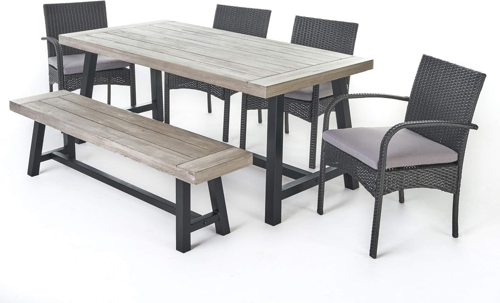 Christopher Knight Home Louise Outdoor Wicker Dining Set with Acacia Wood Table and Bench and Water Resistant Cushions, 6-Pcs Set, Sandblast Light Grey / Black Rustic Metal / Grey / Grey Cushions