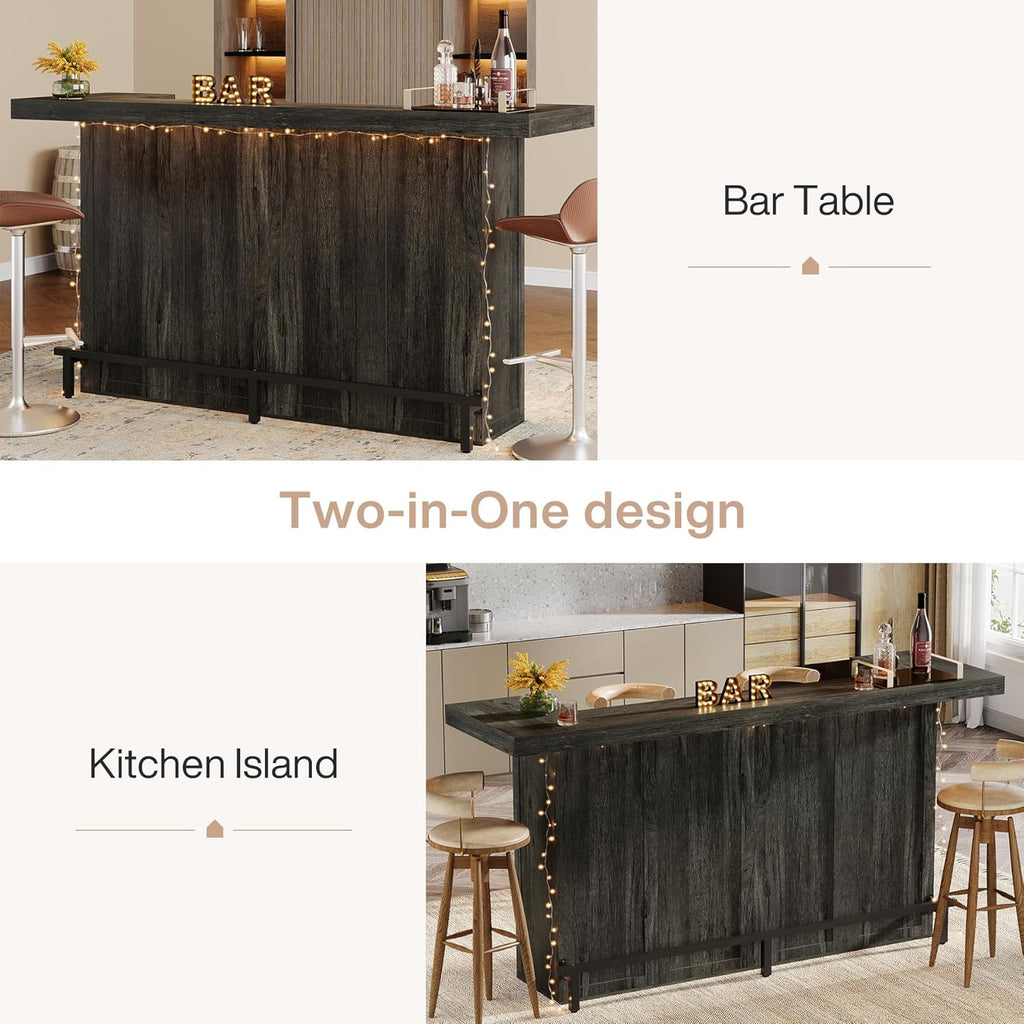 Tribesigns 4-Tier Bar Table, 70.9-Inch Large Wooden Home Bar Unit with Storage Shelves, Pub Table with Wine Glass Holder and Black Footrest for Basement, Dining Room, Living Room, Grey (Grey)