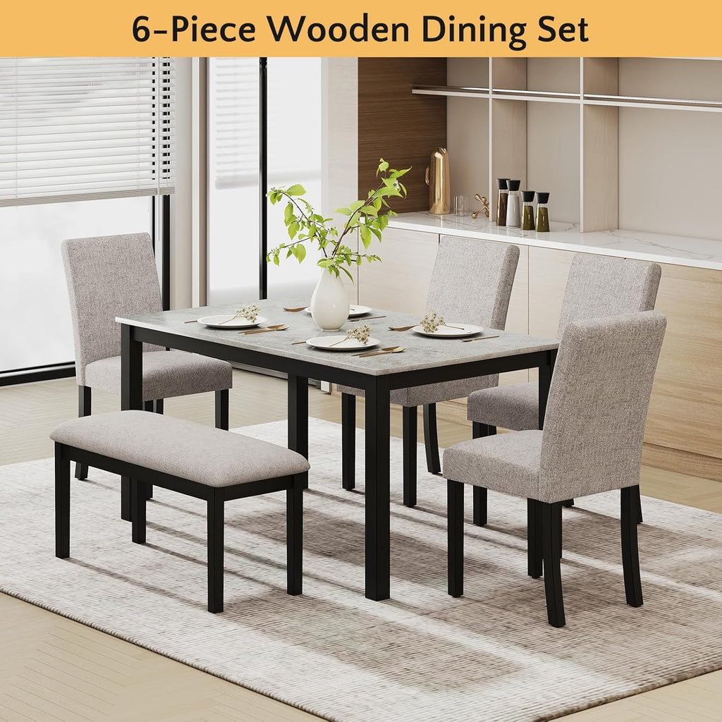 Zevemomo 6-Piece Wood Dining Table Set with Extra-Thick Cushions, Including 1 Dinner Table, 4 Upholstered Chairs and 1 Bench, Wooden Legs Dining Set for Dining Room, Kitchen, Restaurant, Black