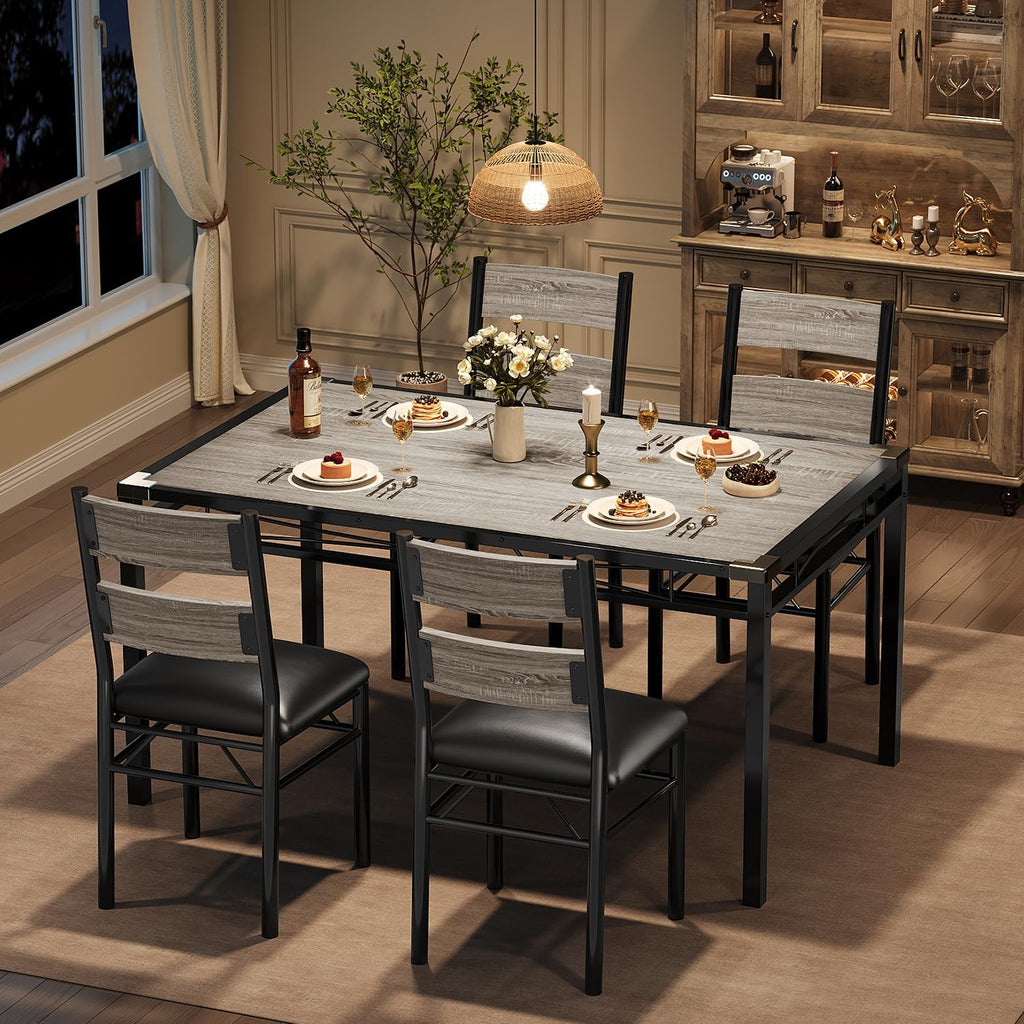 GarveeHome Dining Table Set for 4, Dining Room Table Set for 4 with Upholstered Chairs, Wood Kitchen Table Chairs Set of 4 with Corner Protector for Small Space, Kitchen, Apartment, Rustic Gray