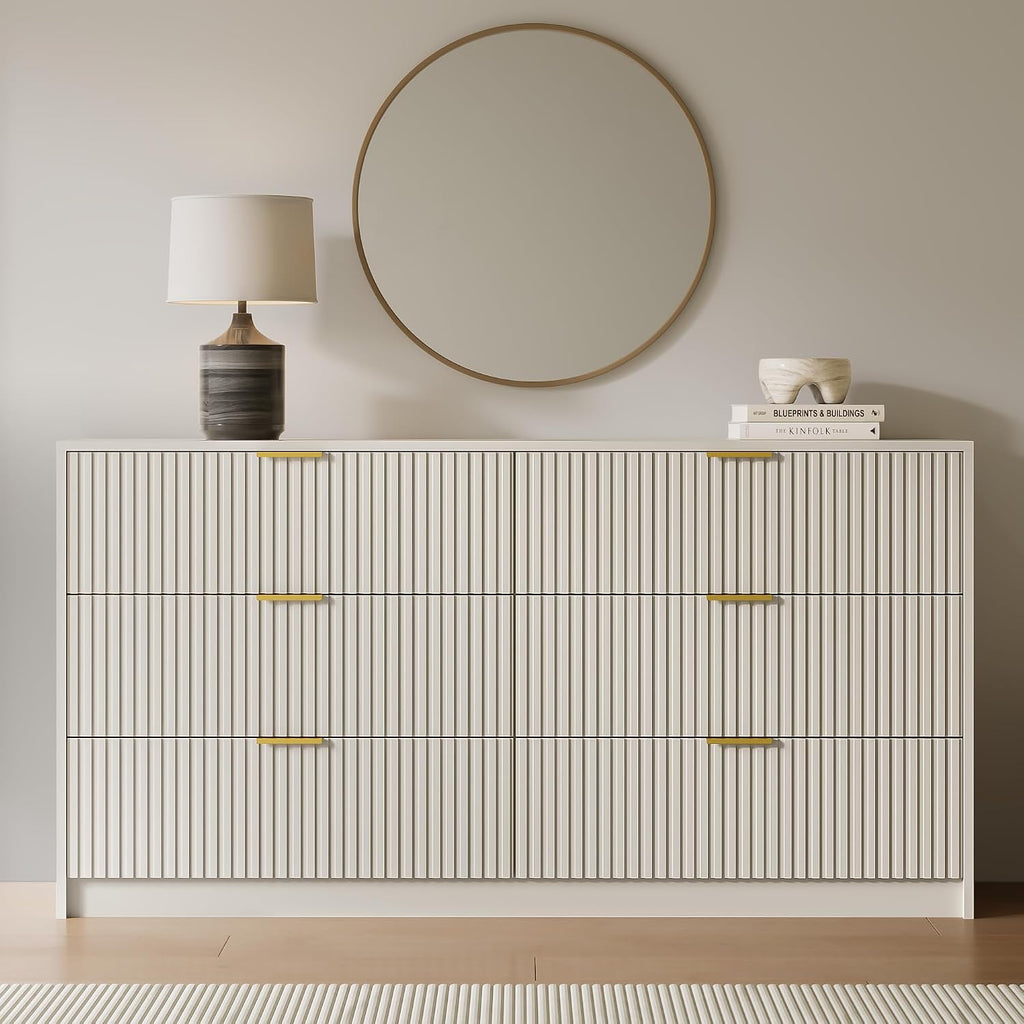 MAISONARIA 6 Drawer Dresser for Bedroom, 55' Wide Modern Chest of Drawers with Gold Metal Handles, Fluted Wood TV Stand for Living Room, Hallway(Beige)