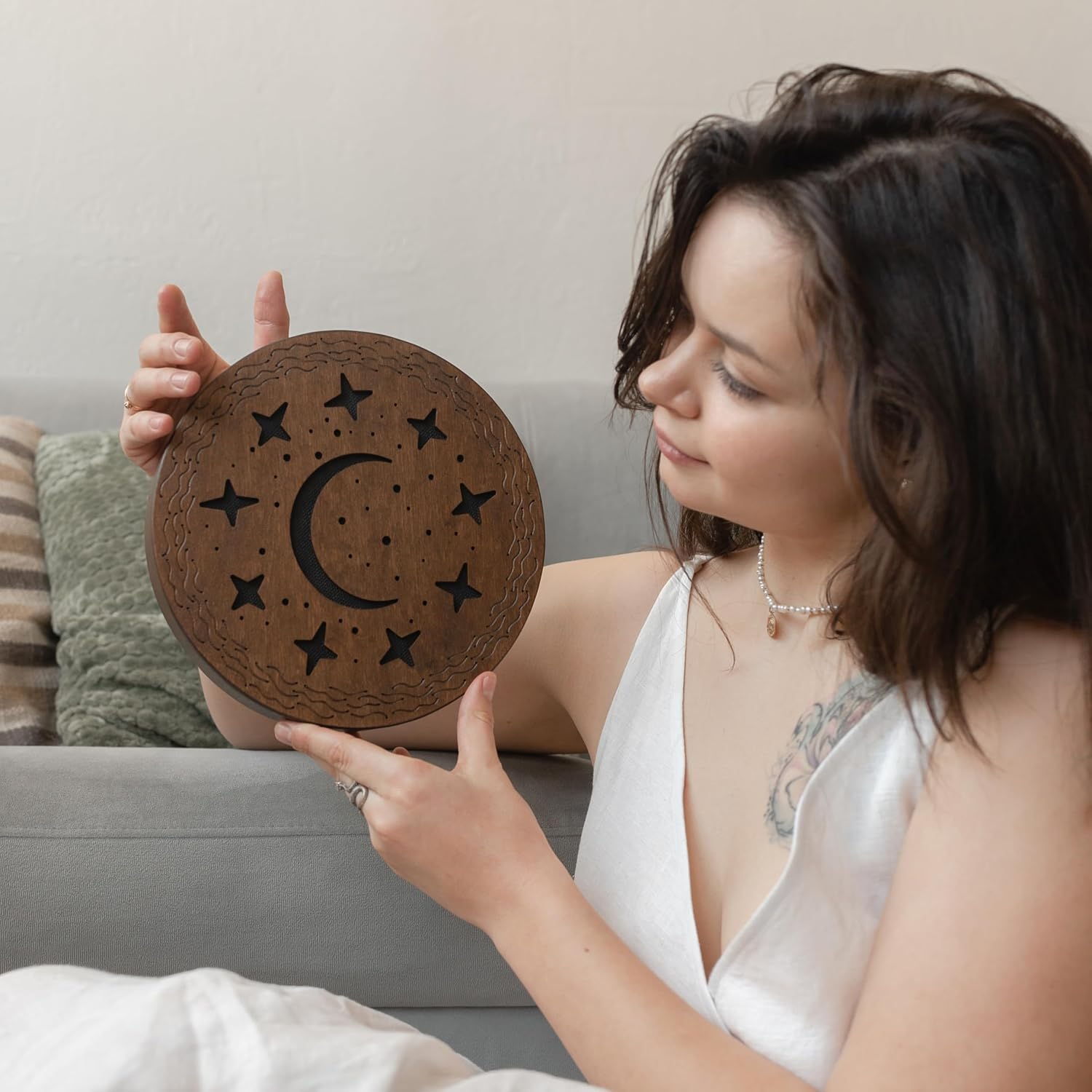 Rain-Fall Disc, 8.6 Inch (22 cm) Wooden Ocean Drum, Gentle Rain Sound for Sound Bath, Meditation & Sound Healing, Moon, Stars & Woman Design