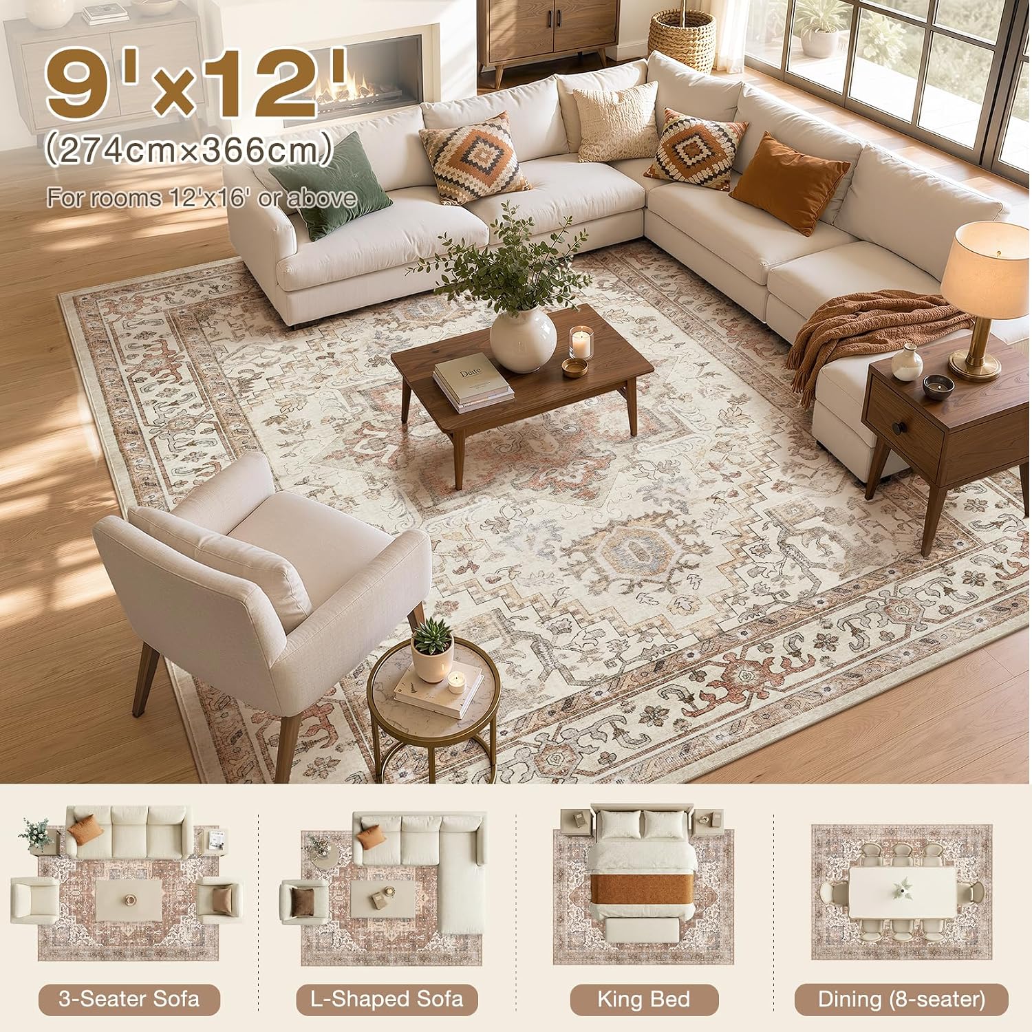 Washable Rug 9x12 Area Rugs: Boho Vintage Distressed Oriental Medallion Neutral Thin Large Rug Carpet for Living Room Bedroom Dining Room Home Office Decor - Beige