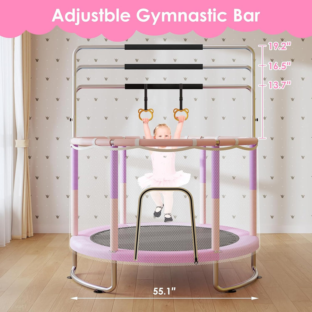 Trampoline for Kids, Upgrade Full Anti-Rust 440lbsToddler Trampoline with Net,Upgraded Ring Legs with Adjustable Gymnastics Bar&Toys, Gifts for Ages 1-8 Boys&Girls
