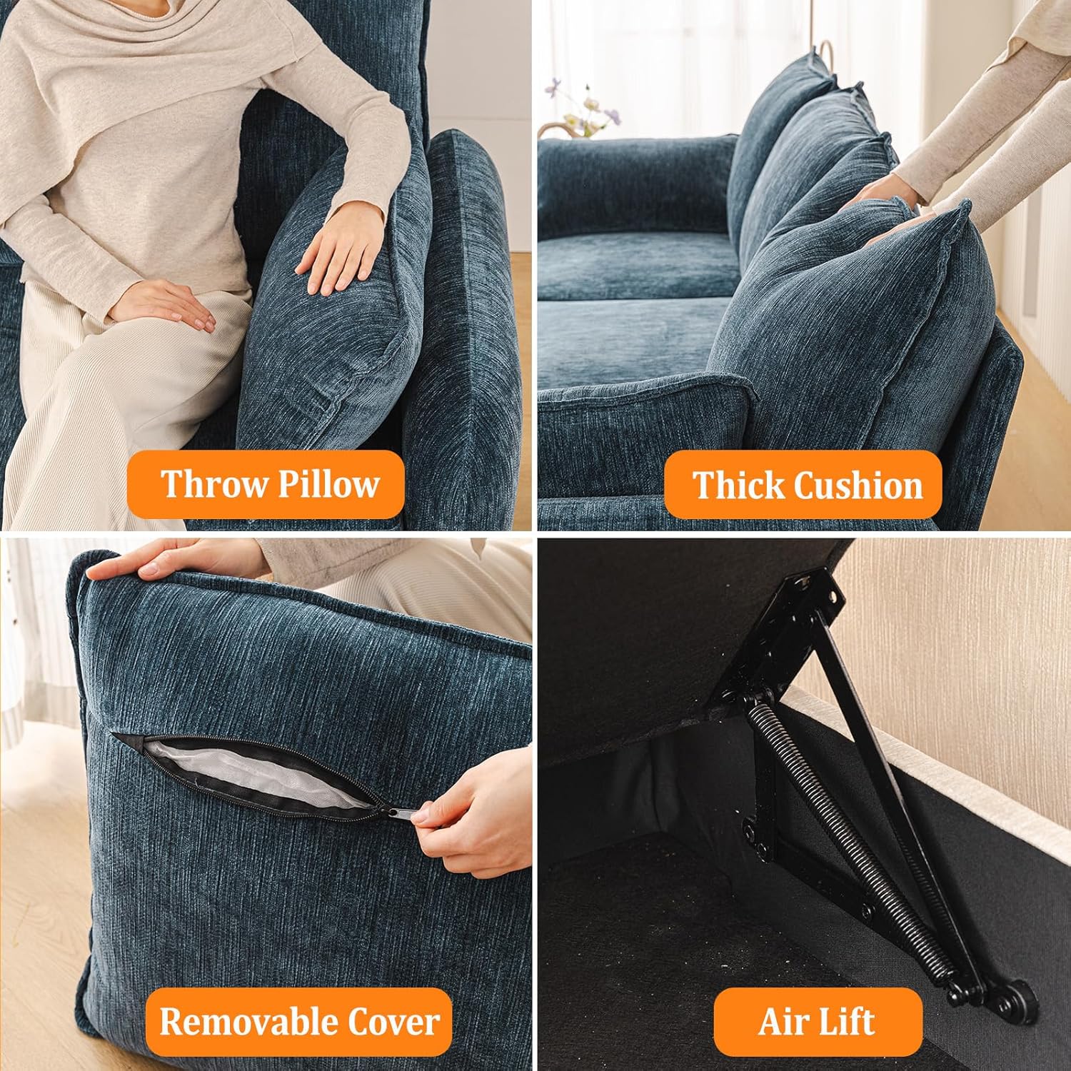 Rexulqo Oversized Accent Chair with Seats Storage,Comfy Living Room Chairs with 2 Throw Pillow,Upholstered Mid-Century Armchair,24.5'' Deep Seat,Big Reading Chair for Bedroom,Office,Chenille,Blue