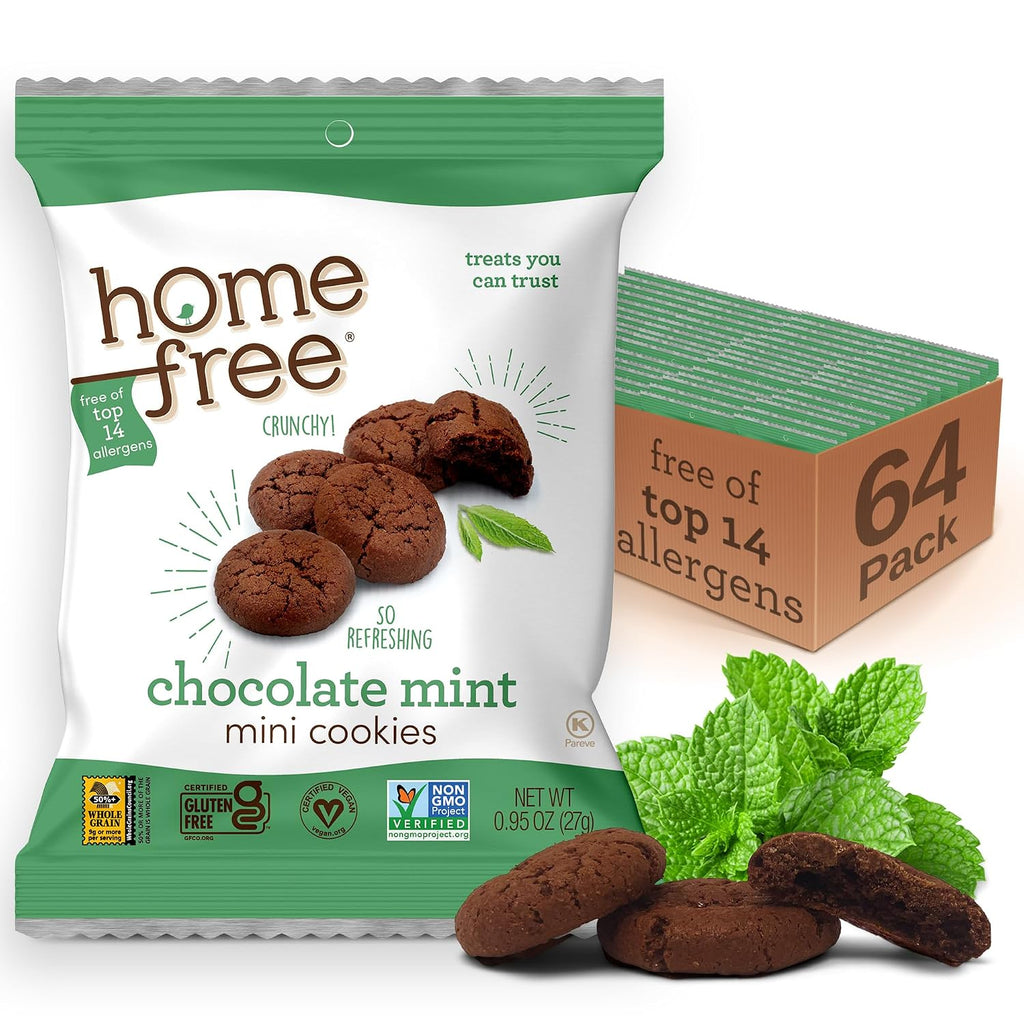 Homefree Chocolate Mint Mini Cookies, Gluten Free, Nut Free, Vegan, Individually Wrapped Packs, School Safe and Allergy Friendly Snack, 0.95 oz. (Pack of 64)