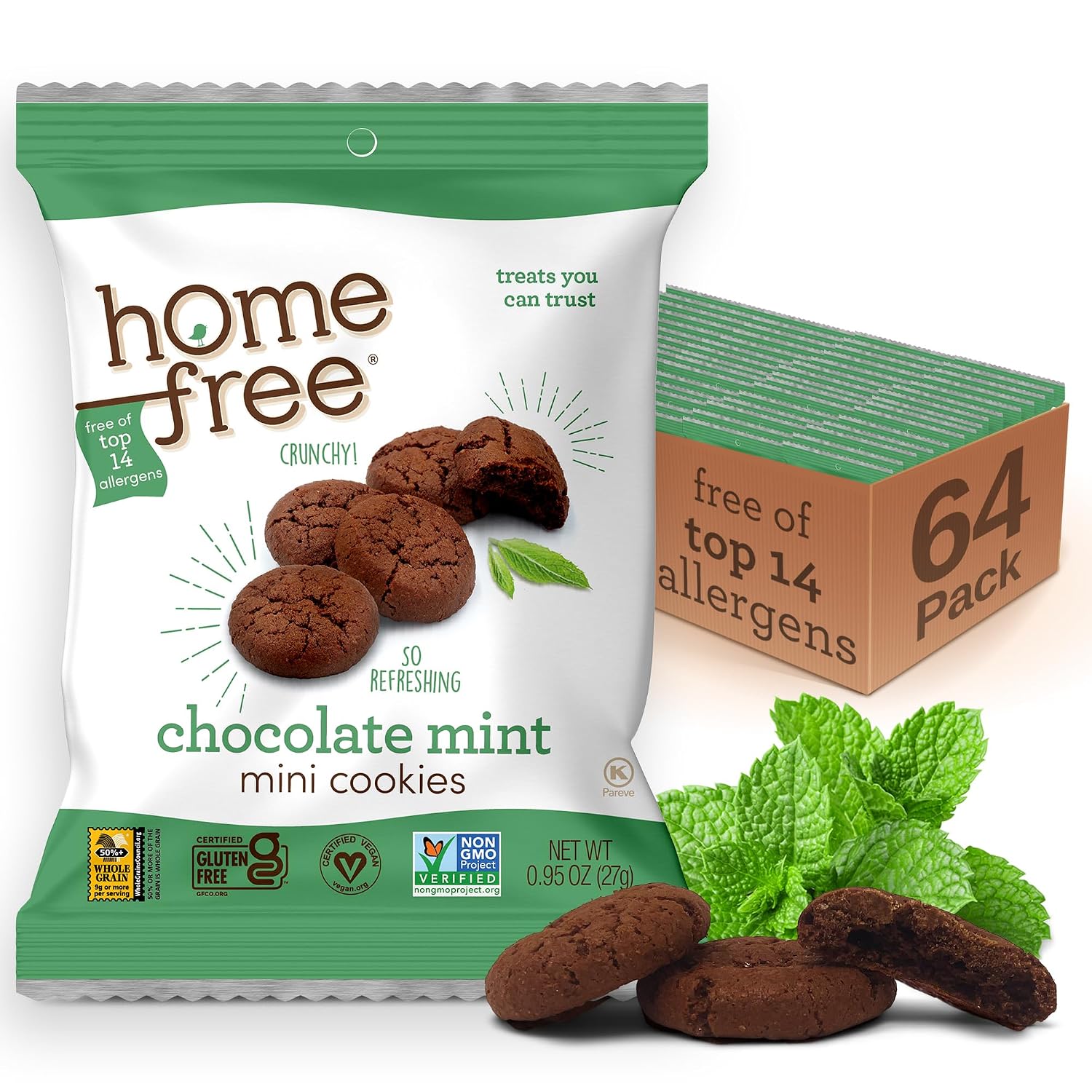 Homefree Chocolate Mint Mini Cookies, Gluten Free, Nut Free, Vegan, Individually Wrapped Packs, School Safe and Allergy Friendly Snack, 0.95 oz. (Pack of 64)