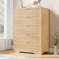 Jocoevol Fluted 5 Drawer Dresser, 43' Tall Dresser Chest of Drawers Curved Profile Design, Wood Mid Century Vertical Dresser Natural Texture for Bedroom, Natural Oak Dresser