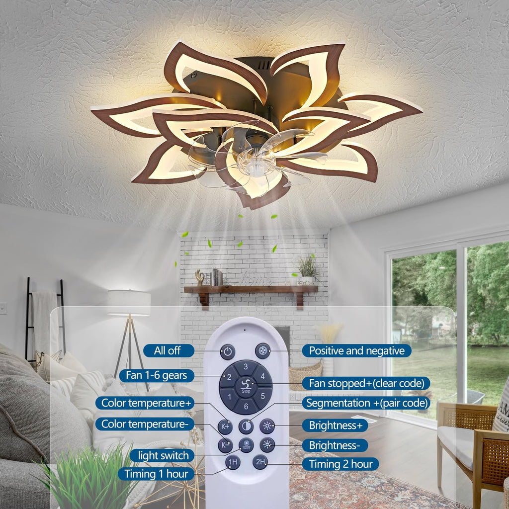 Dalouguan Modern Ceiling Fan with Lights Remote Control, 32' Wood Ceiling Fan with Light, 6 Speeds 3 Light Color Low Profile Flush Mount Ceiling Fan for Kitchen Bedroom