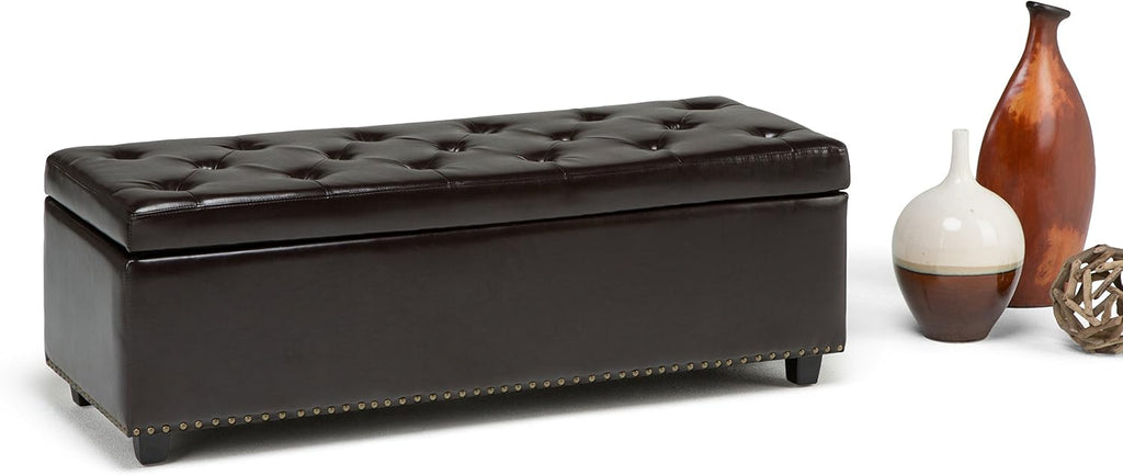 SIMPLIHOME Hamilton Storage Ottoman - 48 inch Wide Upholstered Vegan Leather Rectangle Storage Ottoman Bench in Coffee Brown, Traditional Tufted Ottoman for Living Room or Entryway with Lift-Up Lid
