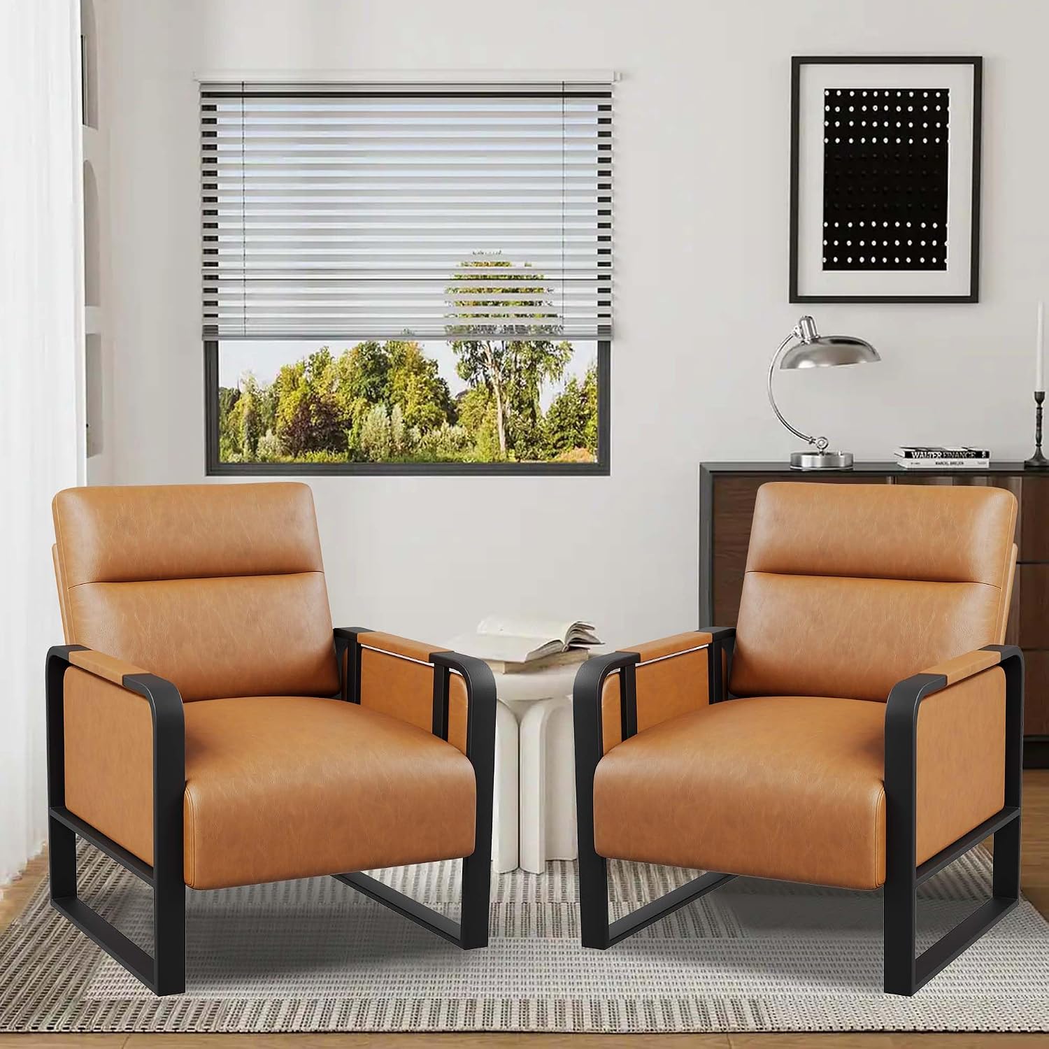 Modern Brown Accent Chair PU Leather Upholstered Armchair with Foldable Side Table for Bedroom Living Room Chairs Office Chair