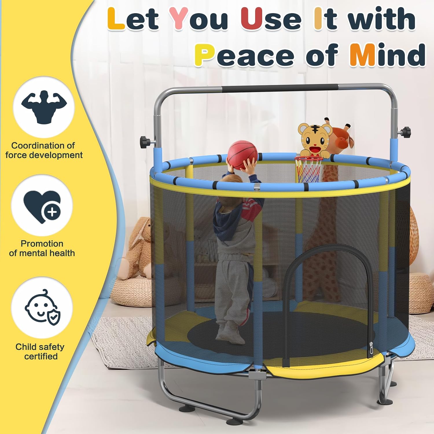 60' Trampoline for Kids, 500lbs Capacity Indoor Outdoor Toddler Trampoline with Adjustable Gymnastics Bar, Gifts for Boy Girl Age 1-8