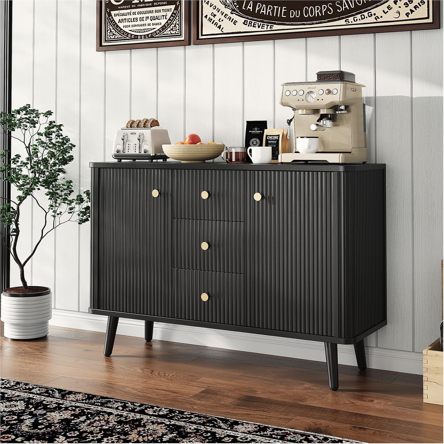 47.2' w Fluted Buffet Cabinet with 3 Drawers & 2 Adjustable Shelves, Storage Cabinet with 2 Door, Modern Mid Century TV Stand Coffee Bar Cabinets for Living Room, Kitchen, Entryway