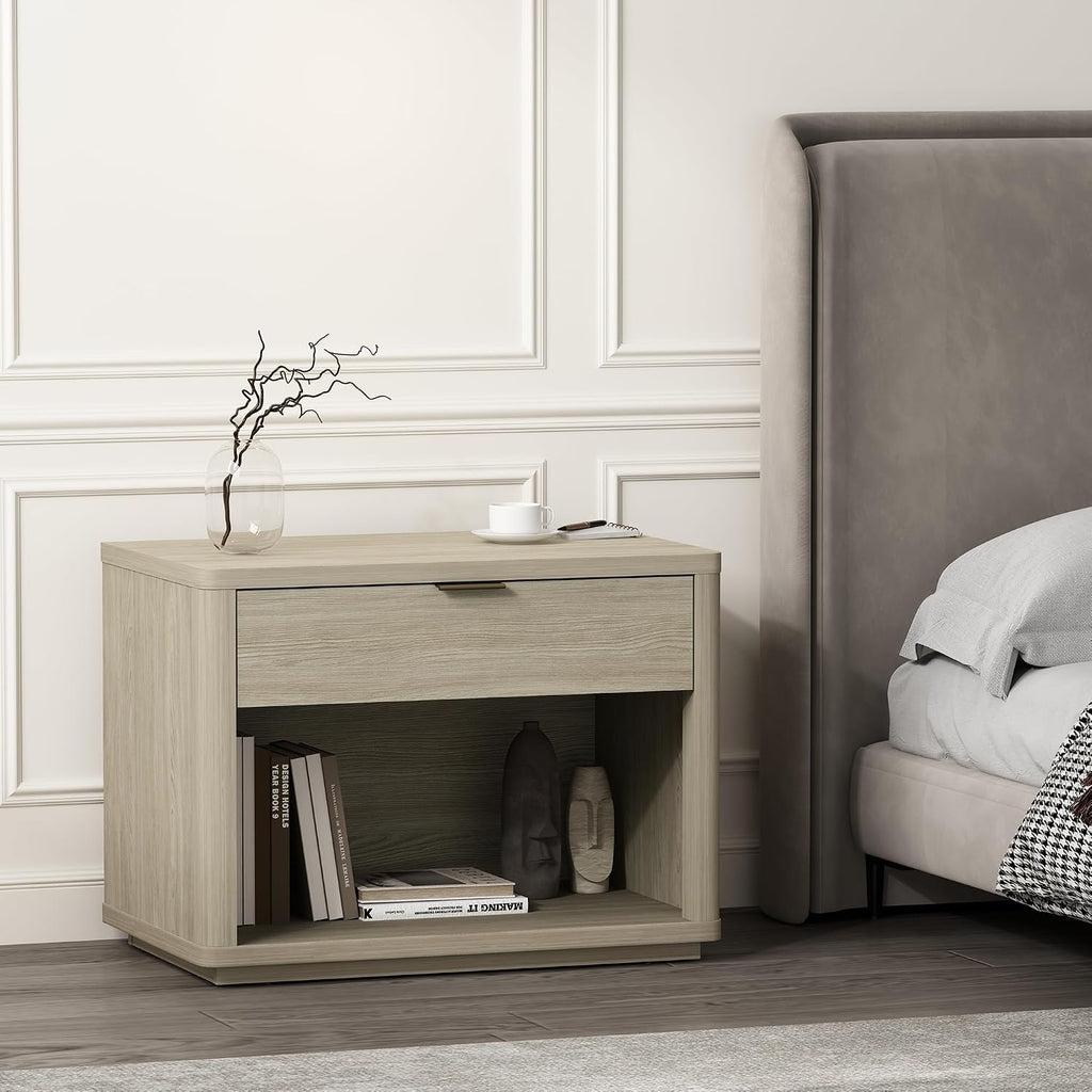 Manhattan Comfort Evelyn Nightstand with 1 Drawer, Minimalist Open Shelf Bedside Table, Rounded Corners and Raised Base, Modern Accent Table for Bedroom, Entryway, or Living Room in Natural Oak
