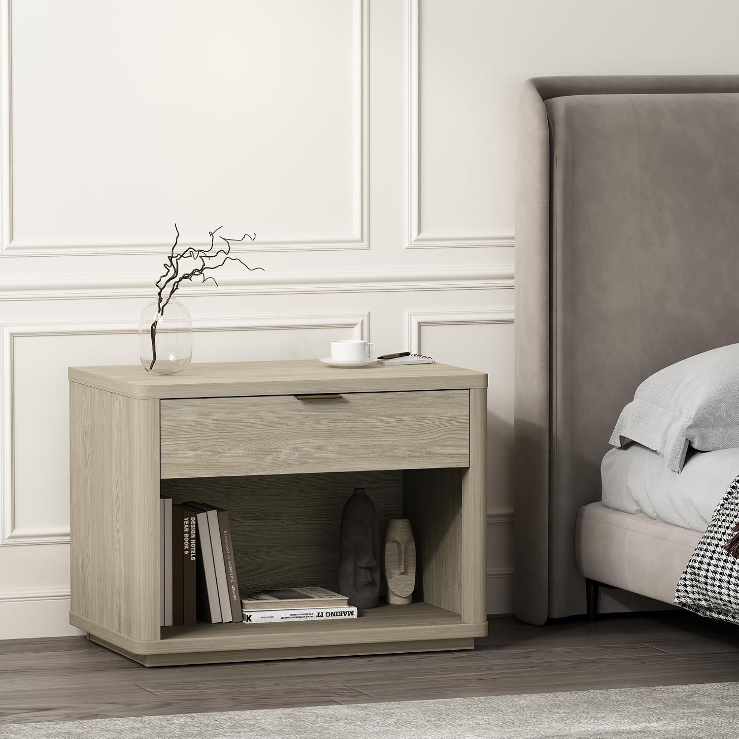 Manhattan Comfort Evelyn Nightstand with 1 Drawer, Minimalist Open Shelf Bedside Table, Rounded Corners and Raised Base, Modern Accent Table for Bedroom, Entryway, or Living Room in Natural Oak