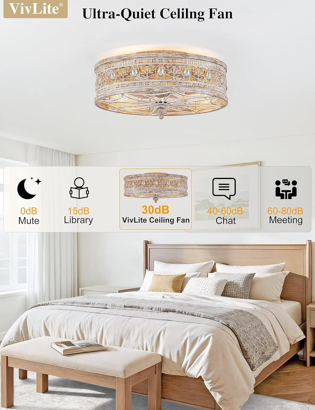 Farmhouse Fandelier Ceiling Fan with Light and Remote,Rustic Country Cottage Crystal Caged Wood-Look Light Fixture,Low Profile Flush Mount Enclosed Bladeless for Bedroom,Kitchen Island,Dining Room
