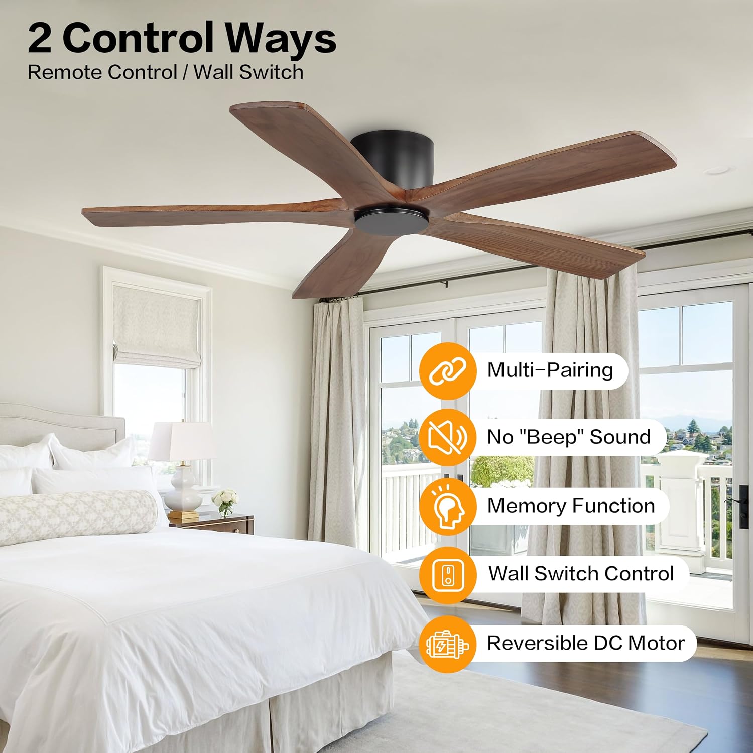 WINGBO 48' Flush Mount DC Ceiling Fans without Lights, 5 Carved Solid Wood Blades, 6-Speed Reversible DC Motor, Low Profile Hugger Ceiling Fan No Lights for Living Room Bedroom Patio, Black and Walnut