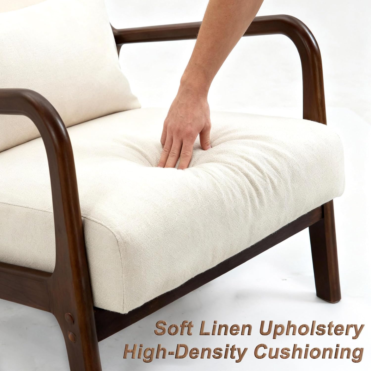 Set of 2 Mid Century Modern Accent Chair - Solid Rubberwood Frame Reading Armchair with Lumbar Pillow - Comfy Linen Lounge Chair for Living Room Bedroom Small Space - Heavy Duty 350lbs