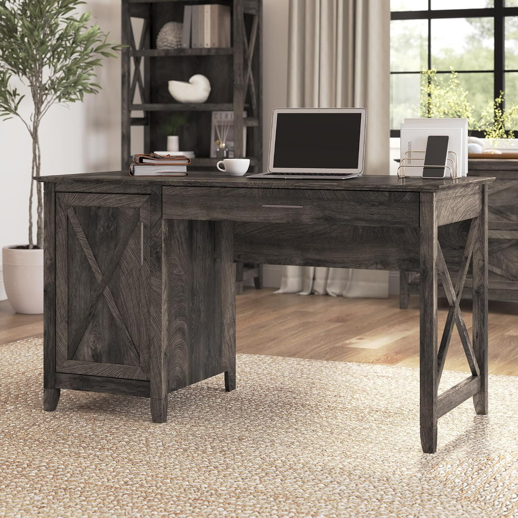 Bush Home Key West Computer Desk with Storage | Farmhouse PC Table for Home Office in Dark Gray Hickory | 54W x 24D