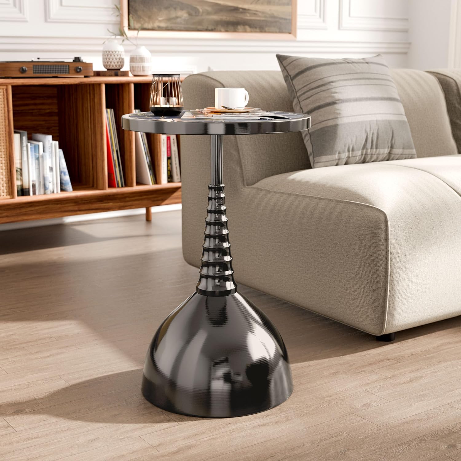 Homes: Inside + Out Halric Modern 24' Tall Round End Table with Decorated Tabletop and Iron Metal Base, Accent Furniture, Elegant Pedestal Stand for Living Room, Home Office, Black with Floral Print