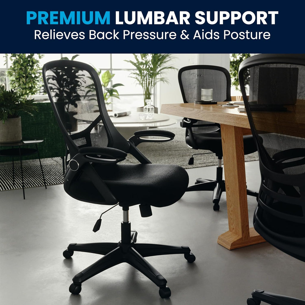 Flash Furniture Porter High Back Black Mesh Ergonomic Swivel Office Chair with Black Frame and Flip-up Arms