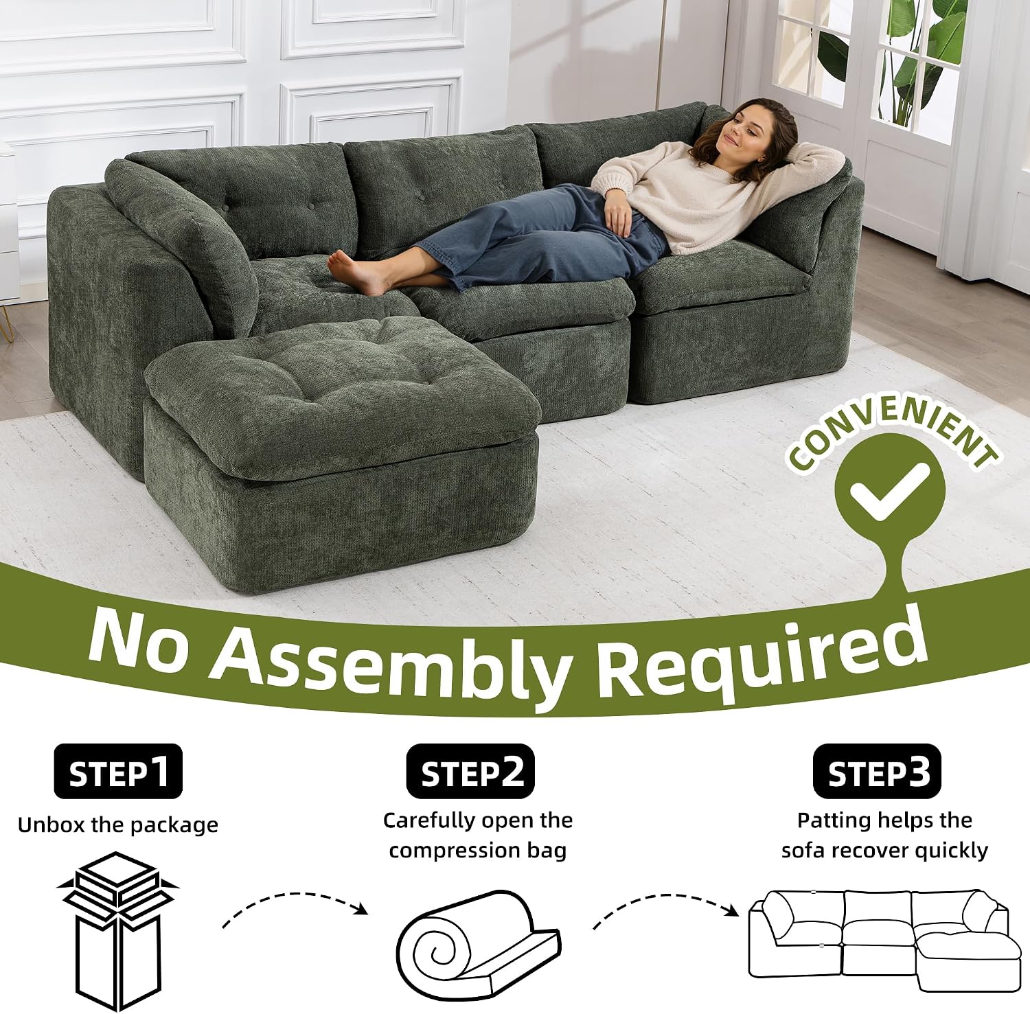Tufted Cushions Cloud Sectional Boneless Sectional Sofa with Movable Ottoman, 112' Oversized Modular Convertible L Shaped Corner Couch with Deep Seat,Memory Foam Compressed Sofa